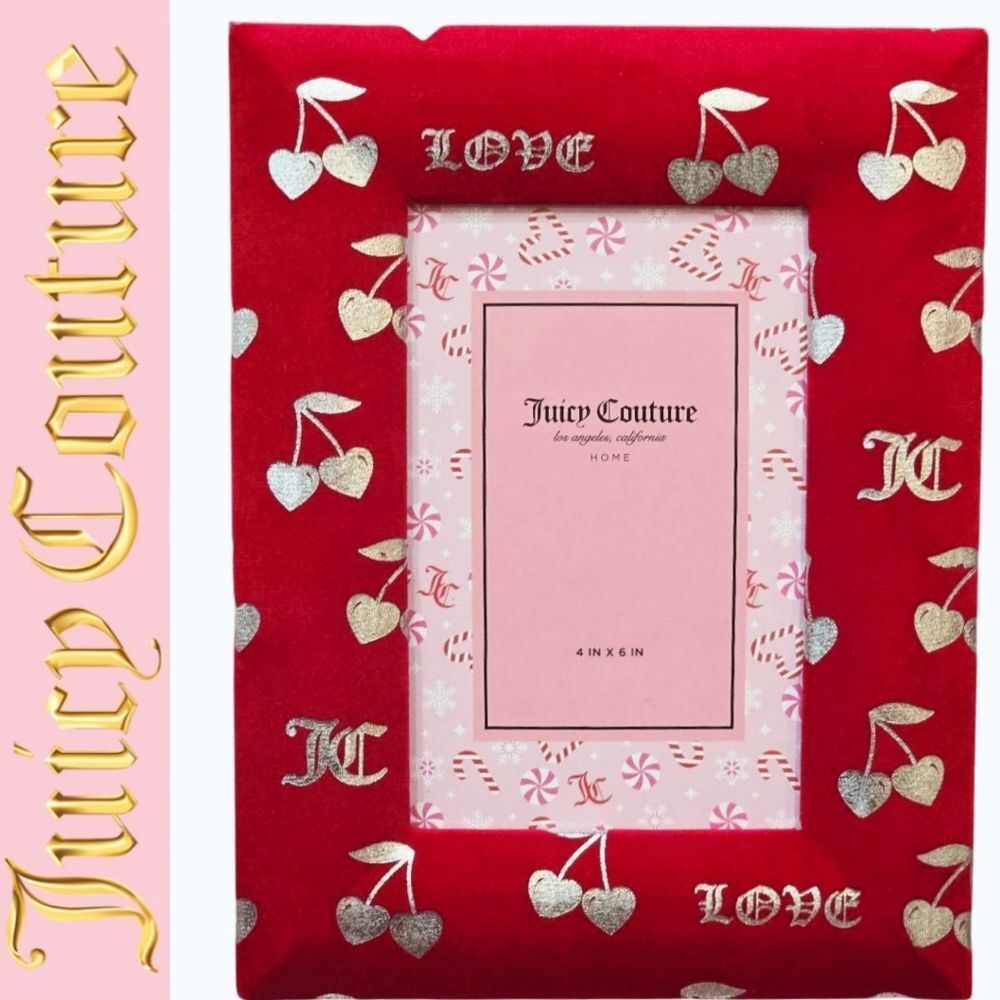 Juicy Couture Home Silver Foil Heart Cherries JC Logo Velour Photo Frame